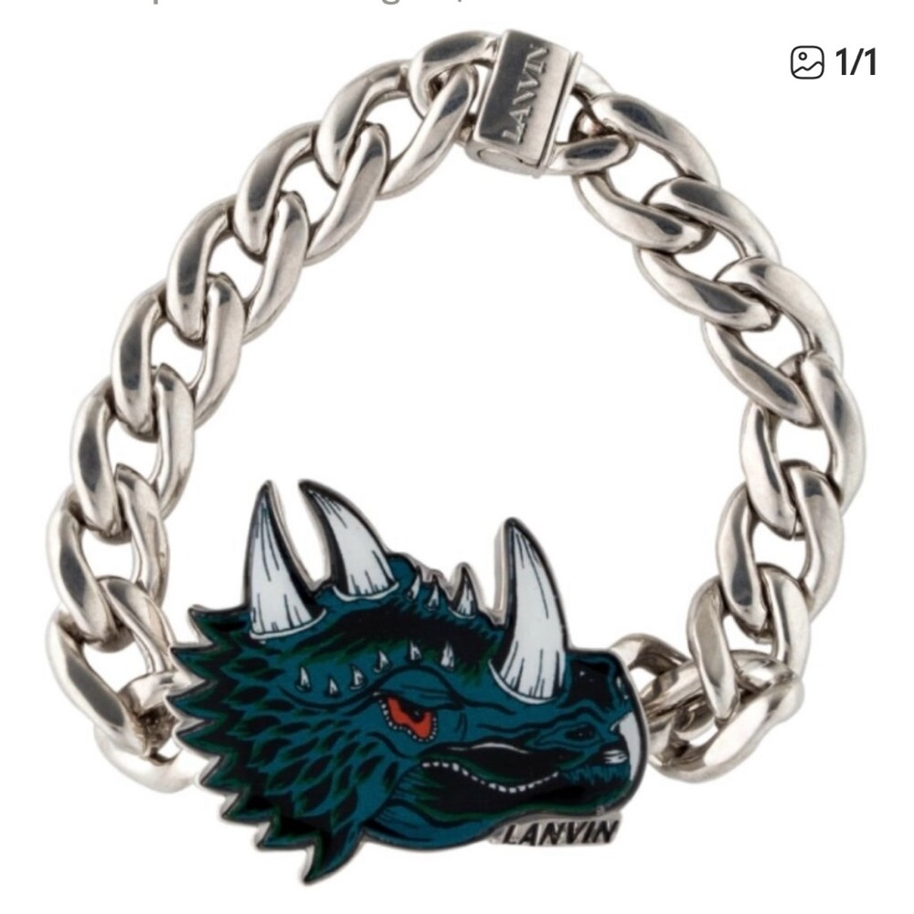Lanvin Silver Chain Bracelet with Teal Dragon Head Accent